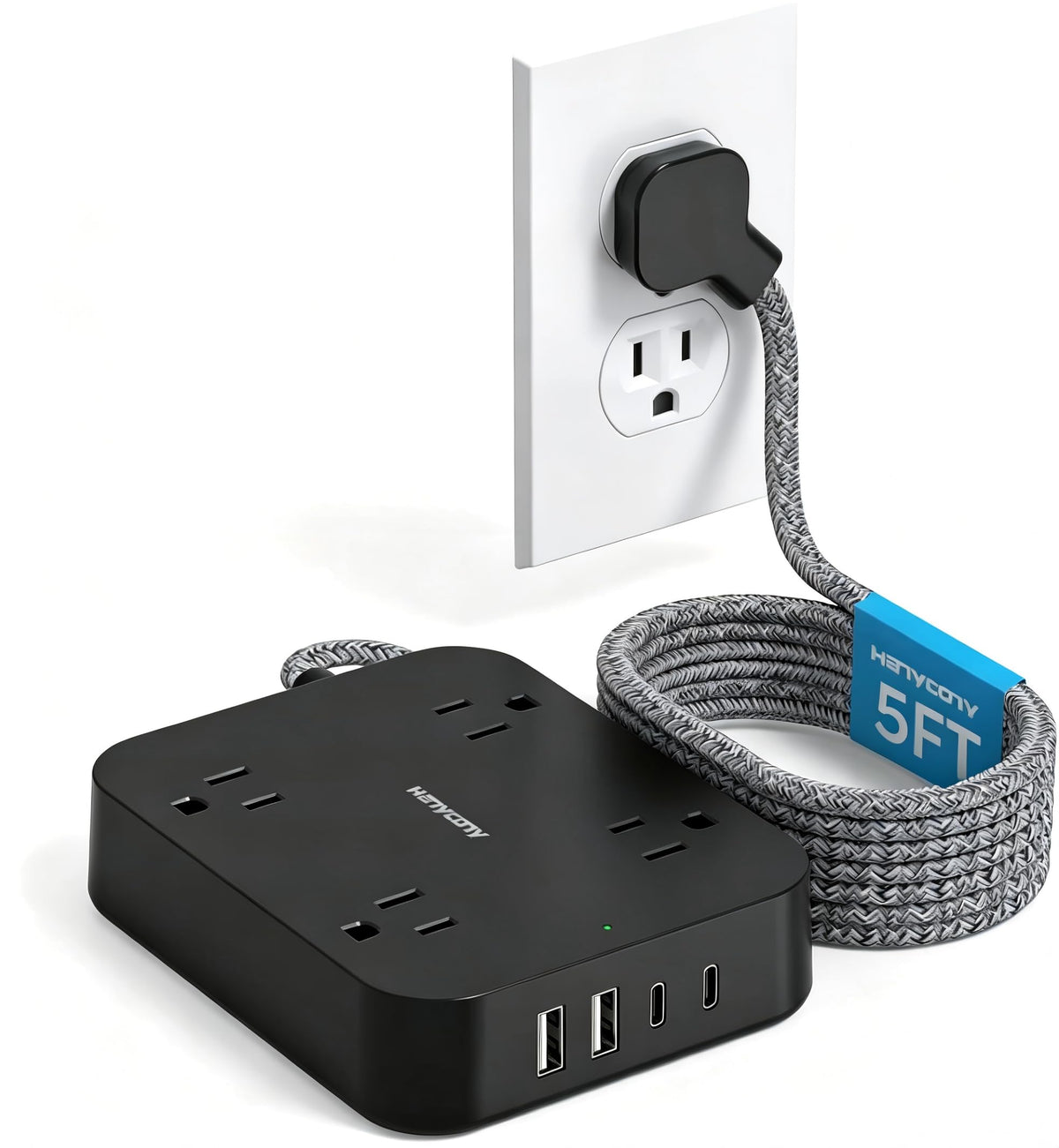 10 Ft Extension Cord, Flat Power Strip with 4 Outlets 4 USB Ports (2 USB C)