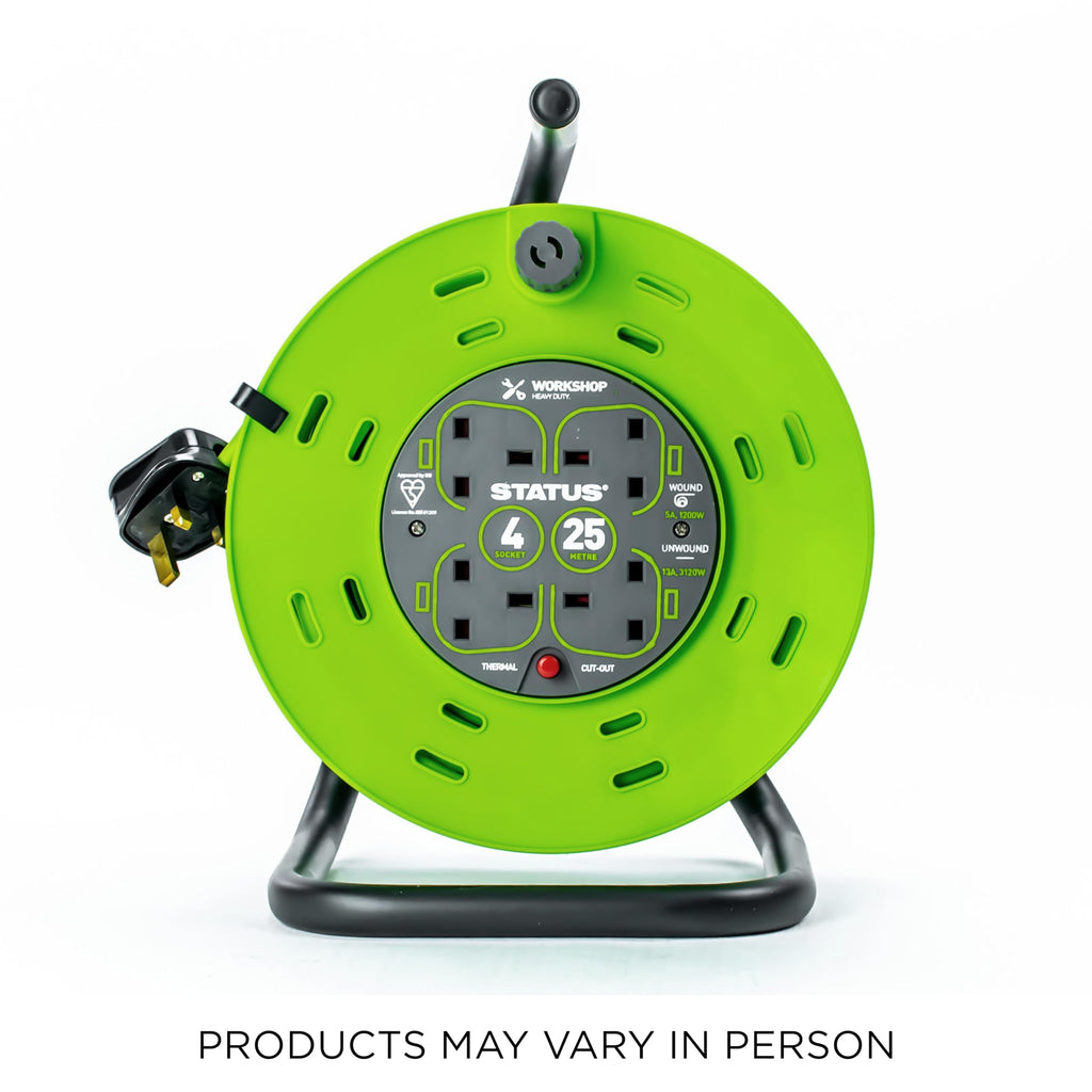STATUS 2 Socket Cable Reel,10m Green Outdoor Extension Lead, Heavy Duty, 13 Amp, Thermal Cut Out Overload Protection, Ideal for Garden Power Tools,DIY Use, Workshop (S13A10MCR3)