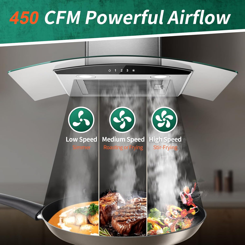 Tieasy Range Hood 30 Inch, 450 CFM Wall Mount Kitchen Hood with Ducted/Ductless Convertible Stainless Steel Filter Range Hoods 3-Speed Touch Control LED Lights