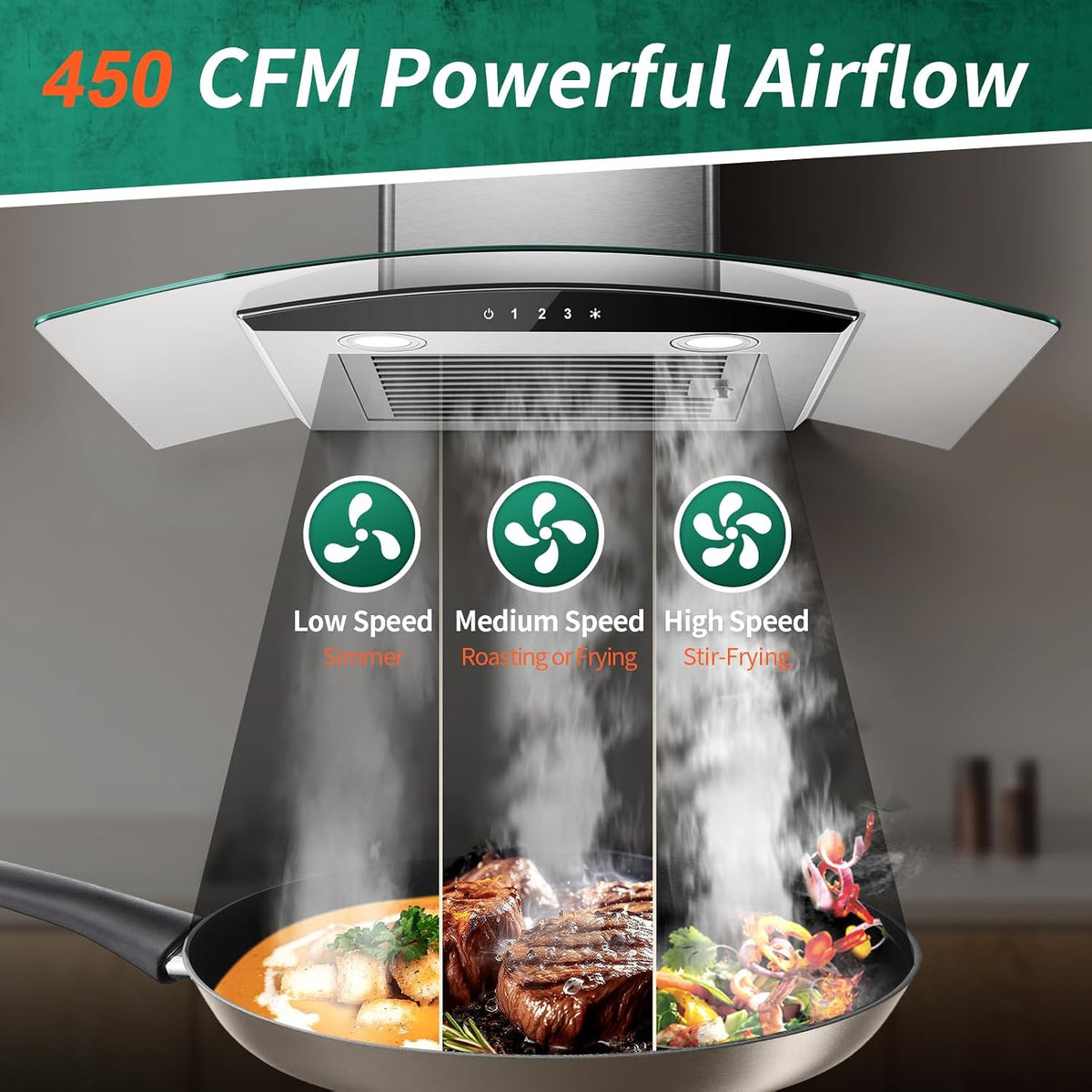 Tieasy Range Hood 30 Inch, 450 CFM Wall Mount Kitchen Hood with Ducted/Ductless Convertible Stainless Steel Filter Range Hoods 3-Speed Touch Control LED Lights