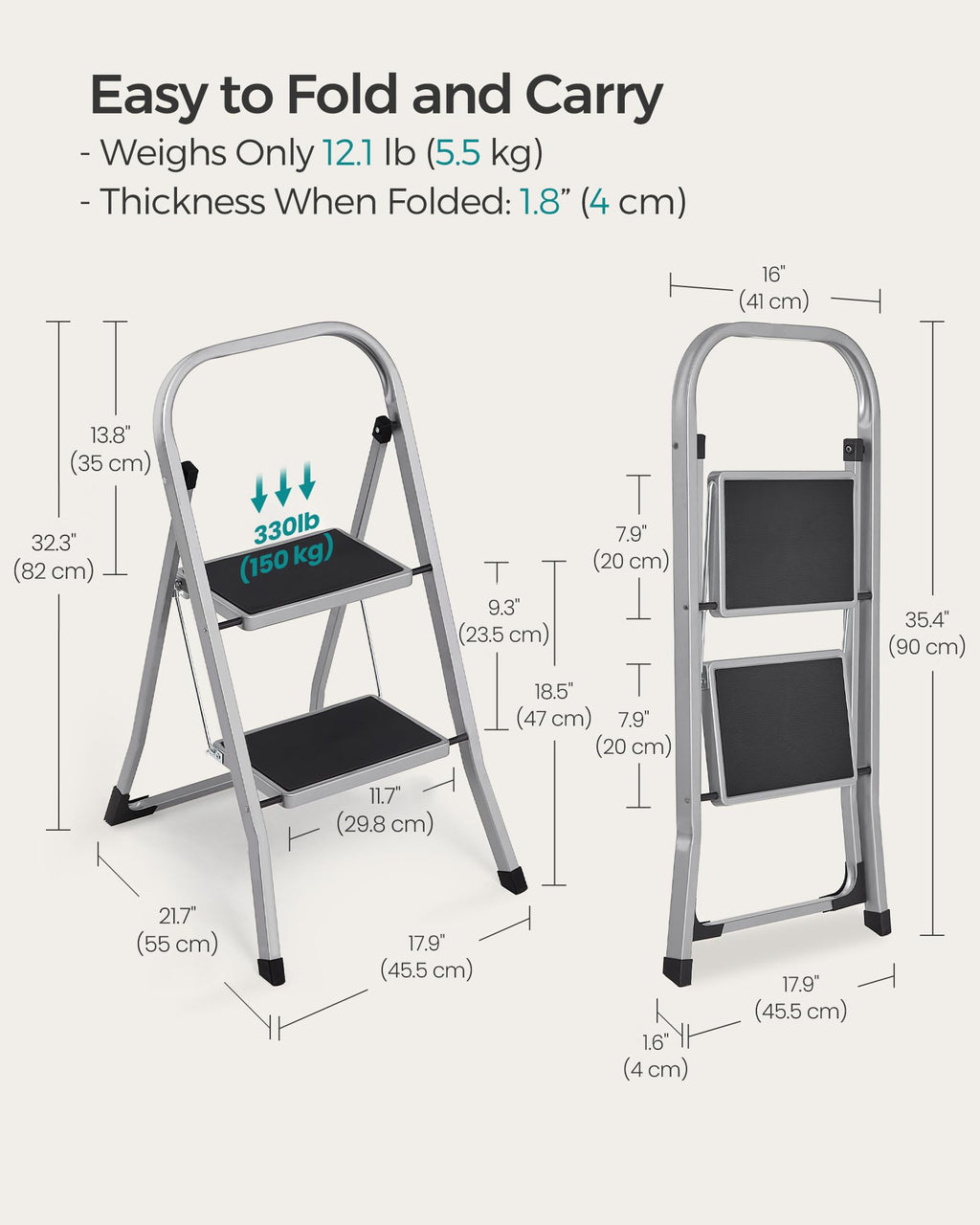 SONGMICS 3-Step Ladder, Folding Step Ladder, Safety, Holds up to 150KG