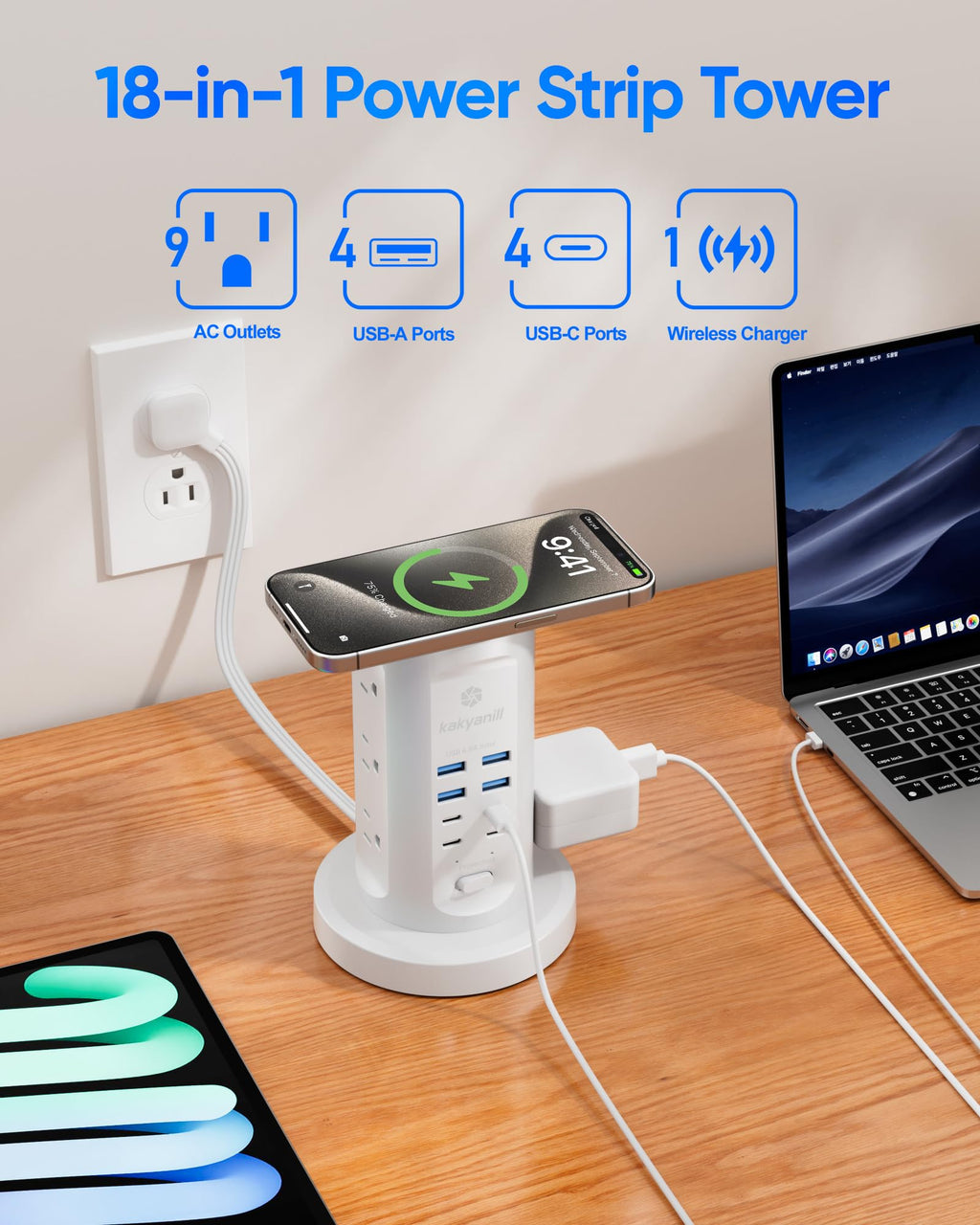 Power Strip Tower, kakyanill PD 65W Charging Station 9 AC Outlets 8 USB