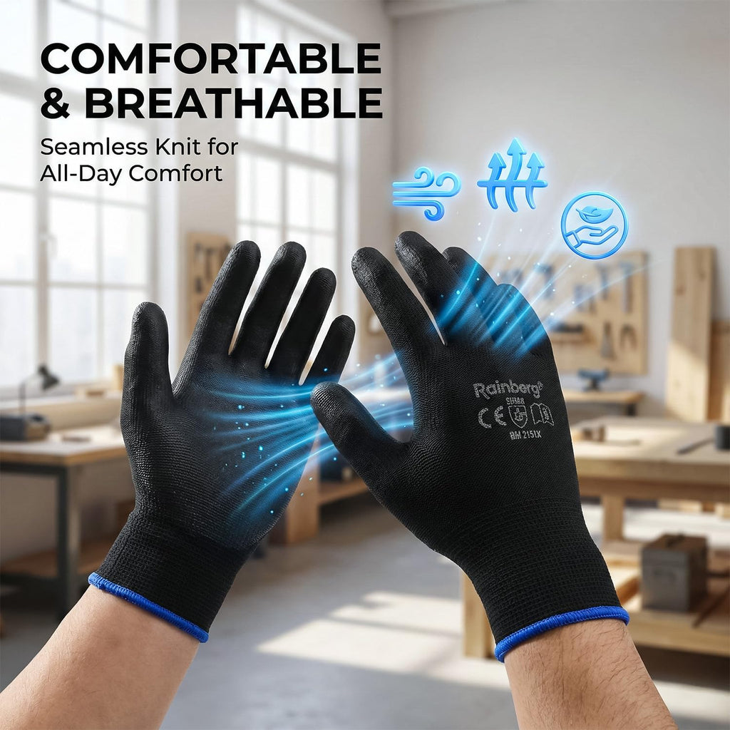 Rainberg Pack of 12 or 24 Safety Gloves, Work Gloves, with Secure Grip on Palm & Fingers, PU and Nylon Non-Slip Gloves, Ideal for General Duty Work, Gardening. (Pack of 12 Pair's, Large)