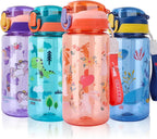 SENBSLAN Kids Water Bottles With Straw,600ml Drinks Bottle for School,Leakproof Children's Bottle BPA free Tritan Sport Bottle for Girls Boys (Pinkish Orange-Rabbit)