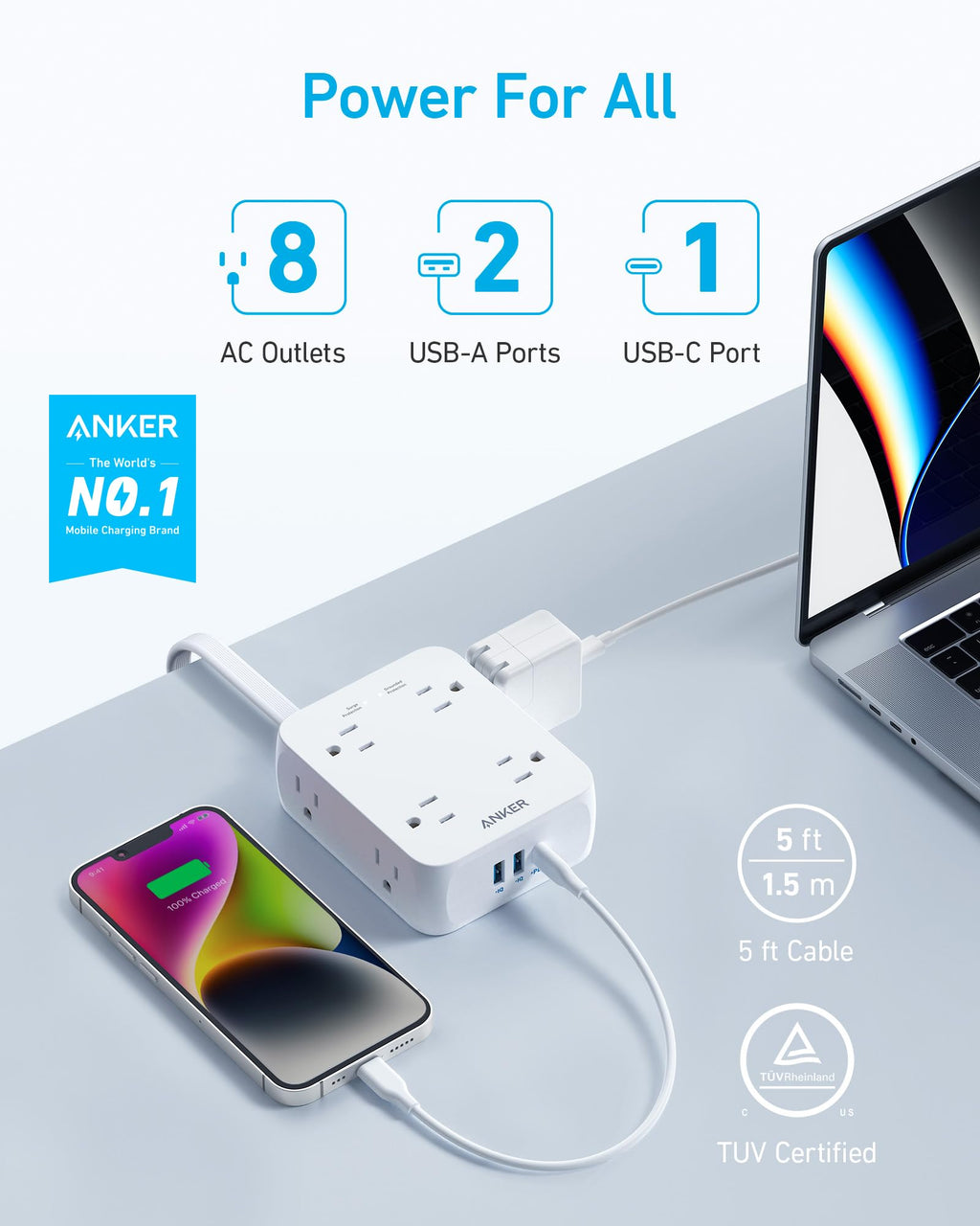 Anker Power Strip with 2000J Surge Protector, 10ft Outlet Extender, 20W 8AC