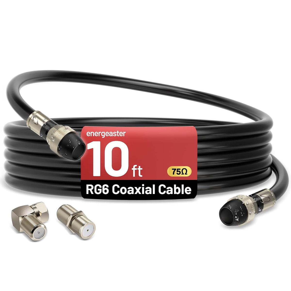 energeaster 10FT RG6 Coaxial Cable with Waterproof Rubber Boot, Black