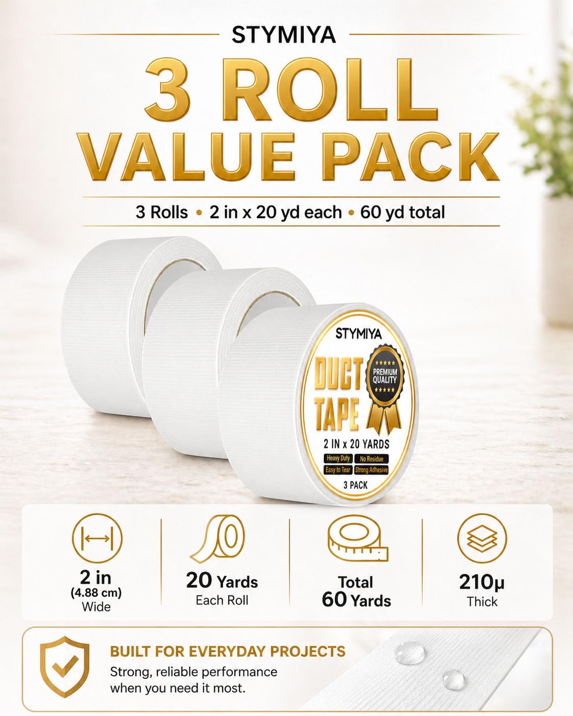 Black Duct Tape Heavy Duty: 3 Rolls 2inch x 20yd Wide Waterproof Outdoor - Strong Adhesive Weather Tapes Repair Bulk - Ductape for Patterns Masking Packing Furniture Kids Craft (3, Matte Black)
