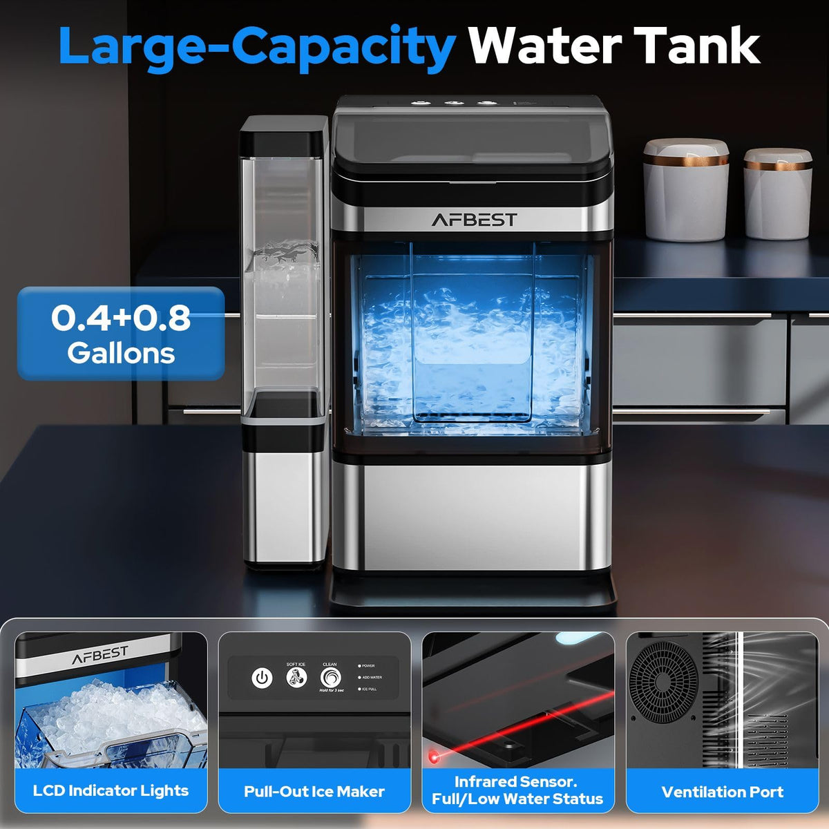 Large Capacity Countertop Ice Maker - 38 lbs/24H Output Chewable Nugget Ice, One-Touch Self-Cleaning, 3L+1.5L Dual Water Tanks, Portable Ice Machine for Home, Kitchen, Office, RV