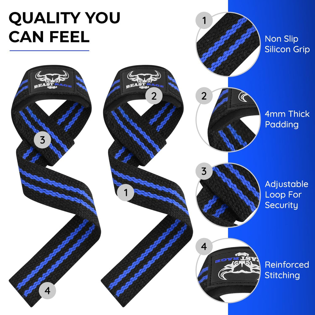 BEAST RAGE Weight Lifting Straps Fitness Padded Cotton Wrist Support Gel Advanced Grips Dumbbell Bar Wraps Heavy Duty Gym Bodybuilding Straps Power Deadlift Barbells Non Slip Exercise