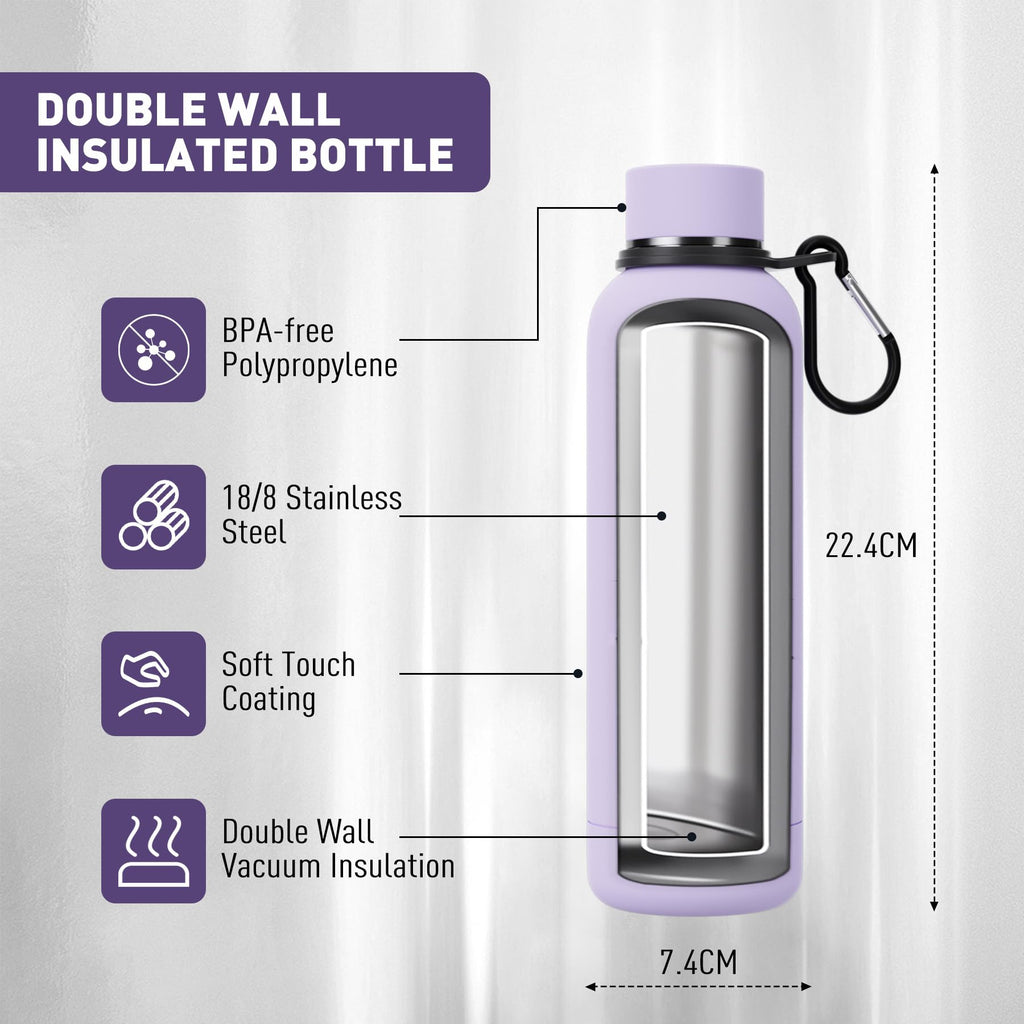 Exllena Insulated Black Water Bottles 750ml with Clip, Double Wall Vacuum Drinks Bottle Keeps Drinks Cold 24 Hrs/Hot 12 Hrs, Stainless Steel Water Bottle BPA Free