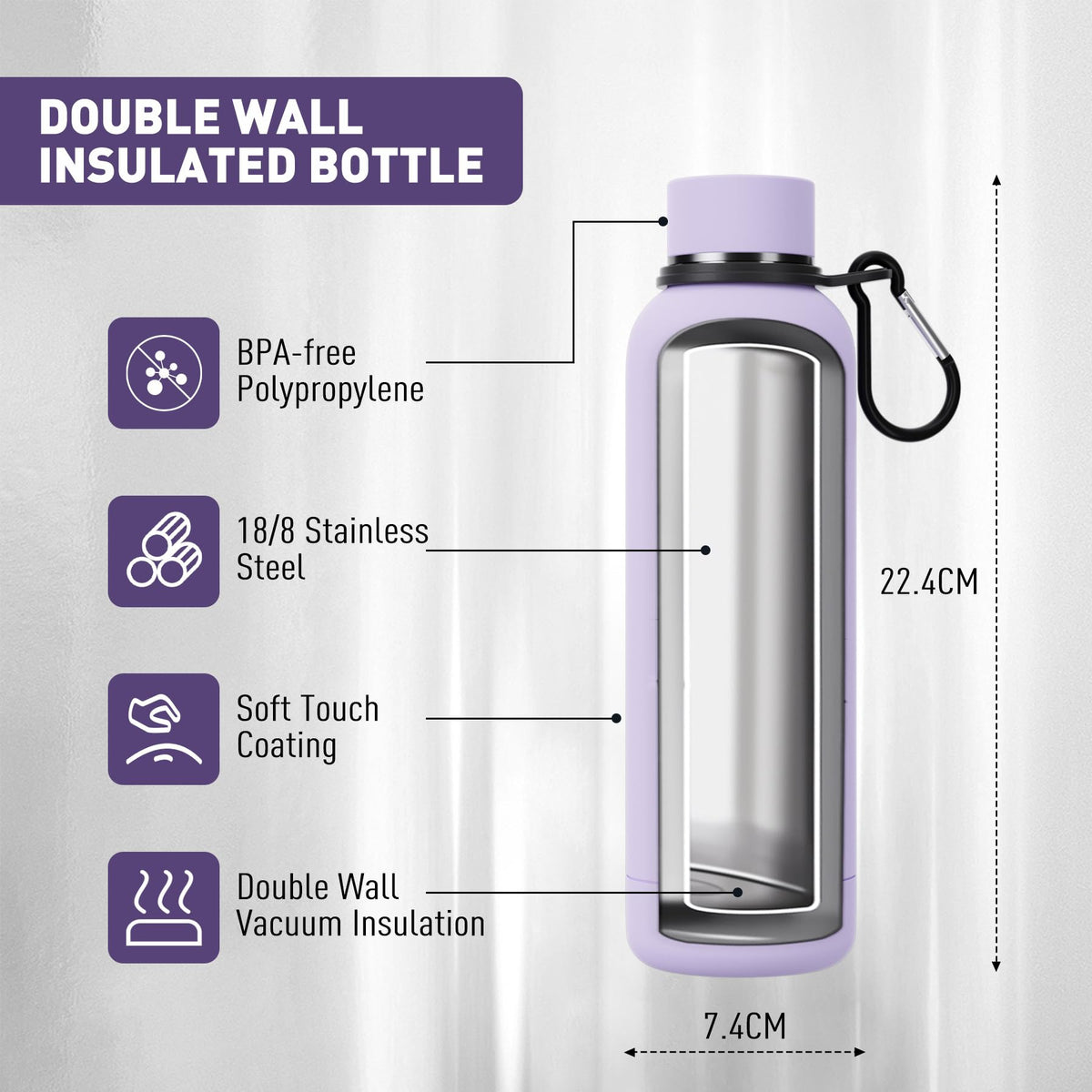 Exllena Insulated Black Water Bottles 750ml with Clip, Double Wall Vacuum Drinks Bottle Keeps Drinks Cold 24 Hrs/Hot 12 Hrs, Stainless Steel Water Bottle BPA Free