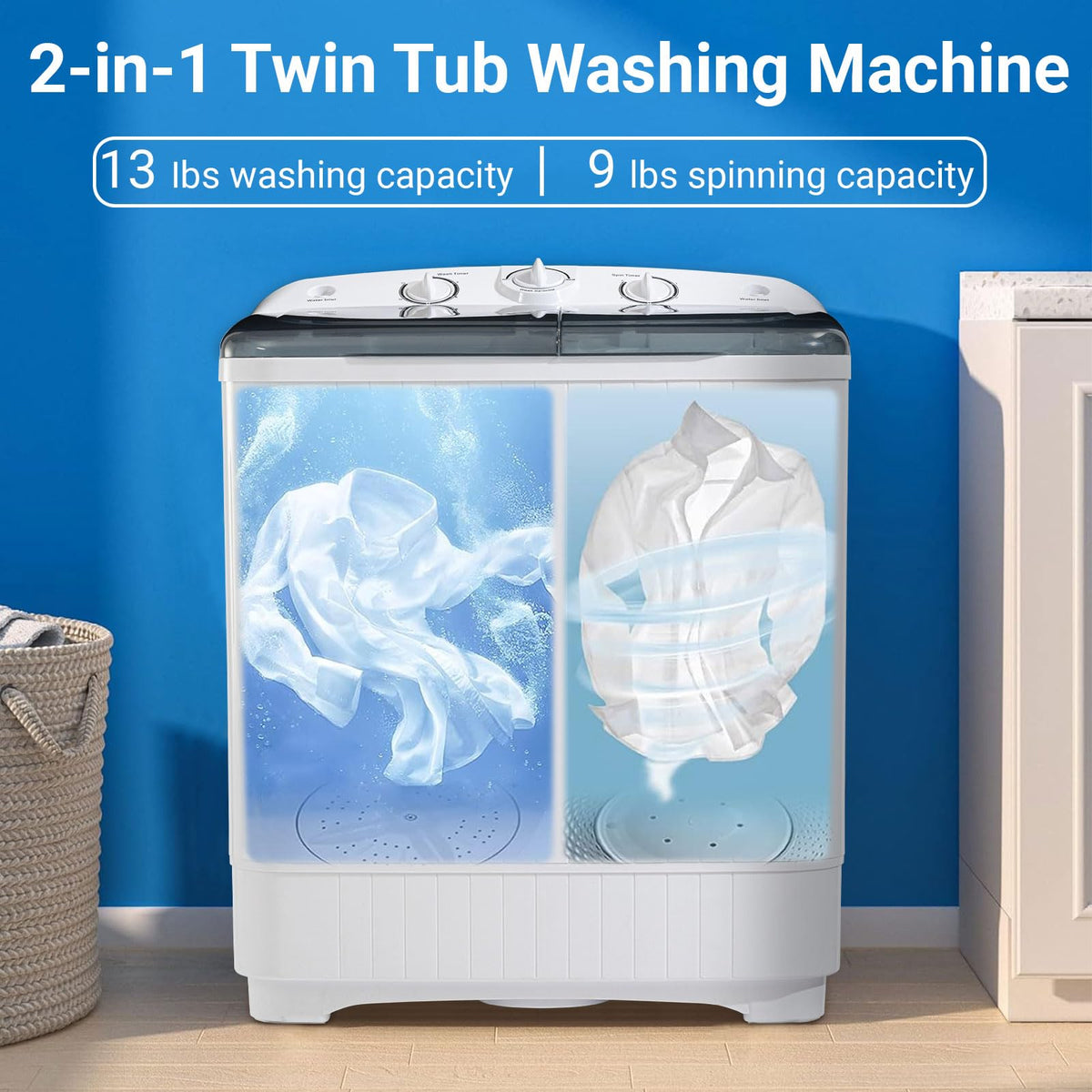 Erivess Portable Twin Tub 19lbs Washing Machine with Drying Rack and 10 Hangers, 12lbs Washer Mini Compact Laundry Machine with 7lbs Spinner, 1500rpm Semi-automatic Washer Combo for Dorm&Apartment