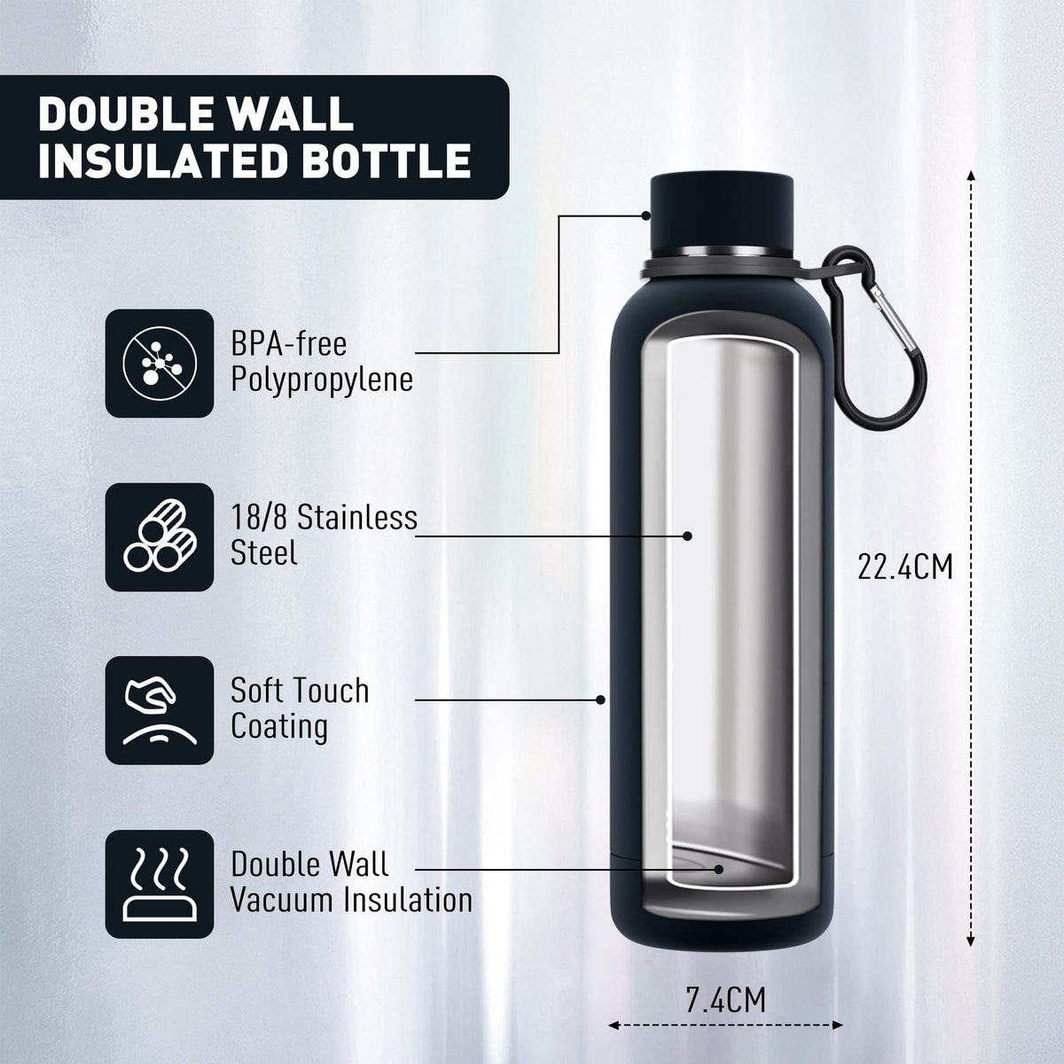 Exllena Insulated Black Water Bottles 750ml with Clip, Double Wall Vacuum Drinks Bottle Keeps Drinks Cold 24 Hrs/Hot 12 Hrs, Stainless Steel Water Bottle BPA Free