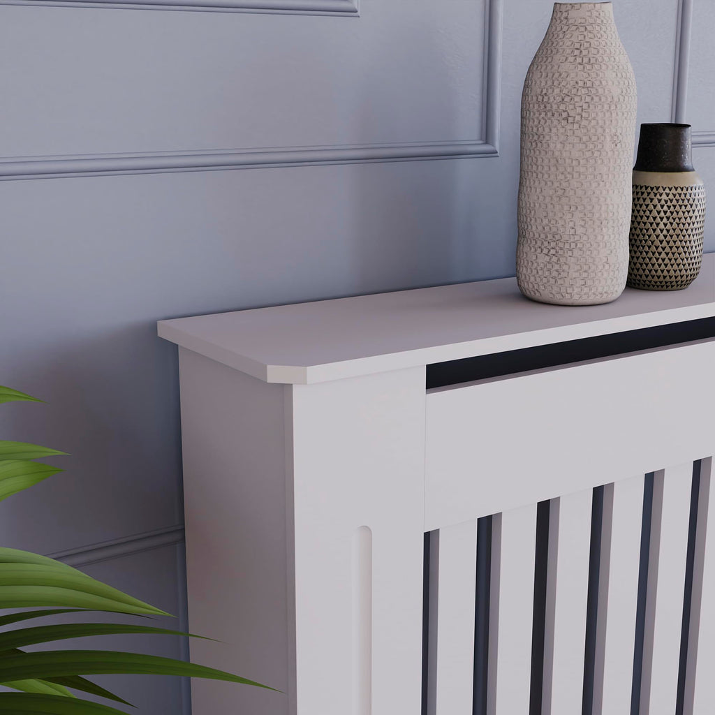 Vida Designs Chelsea Radiator Cover White - Medium - Modern Vertical Slat Design For Optimal Heat Circulation - H82xW111xD19cm - Painted MDF Cabinet Ideal For Living Room & Hallway
