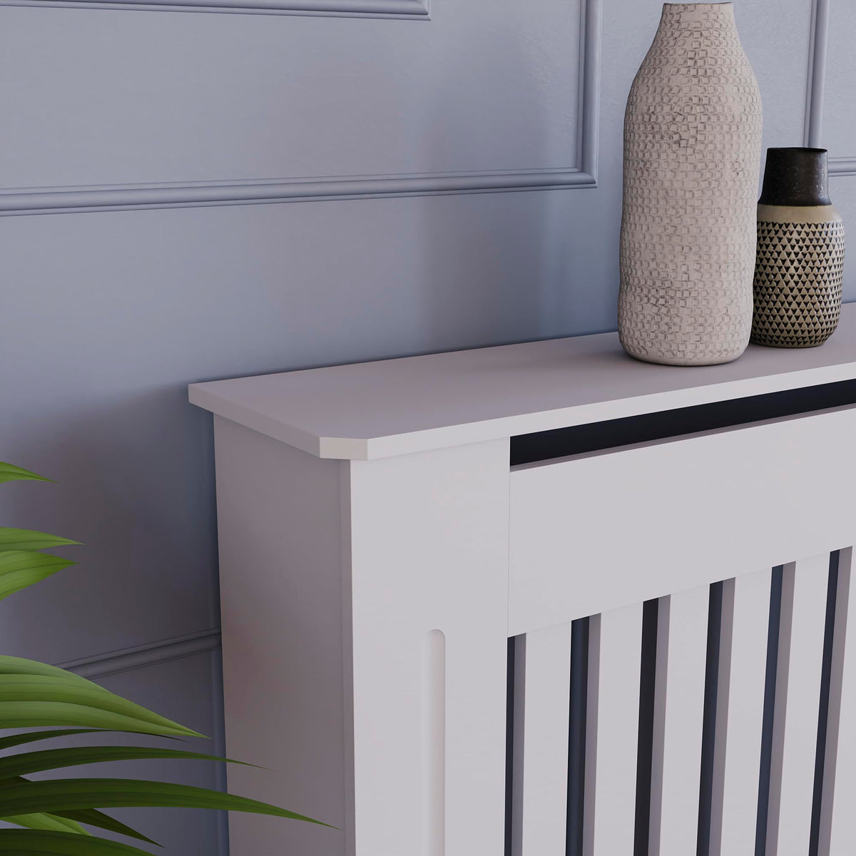 Vida Designs Chelsea Radiator Cover White - Medium - Modern Vertical Slat Design For Optimal Heat Circulation - H82xW111xD19cm - Painted MDF Cabinet Ideal For Living Room & Hallway