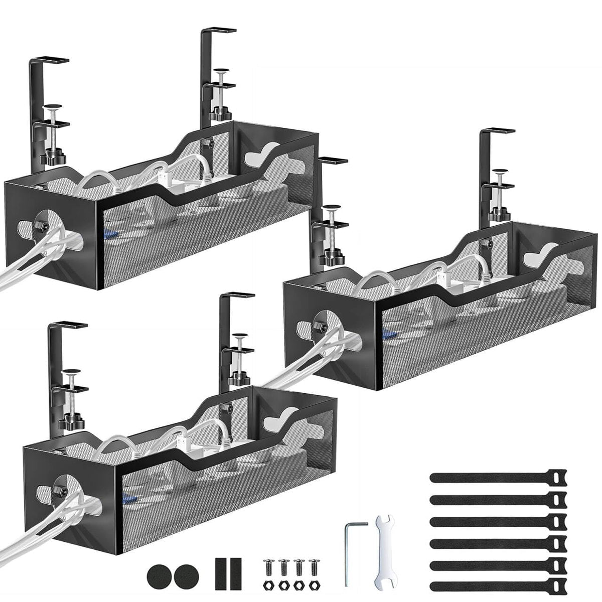 Under Desk Cable Management Tray 2 Pack, No Drill Cable Organizer With Clamp for Standing Desk, Easy to Install Cord Management System, No Damage Wire Organizer