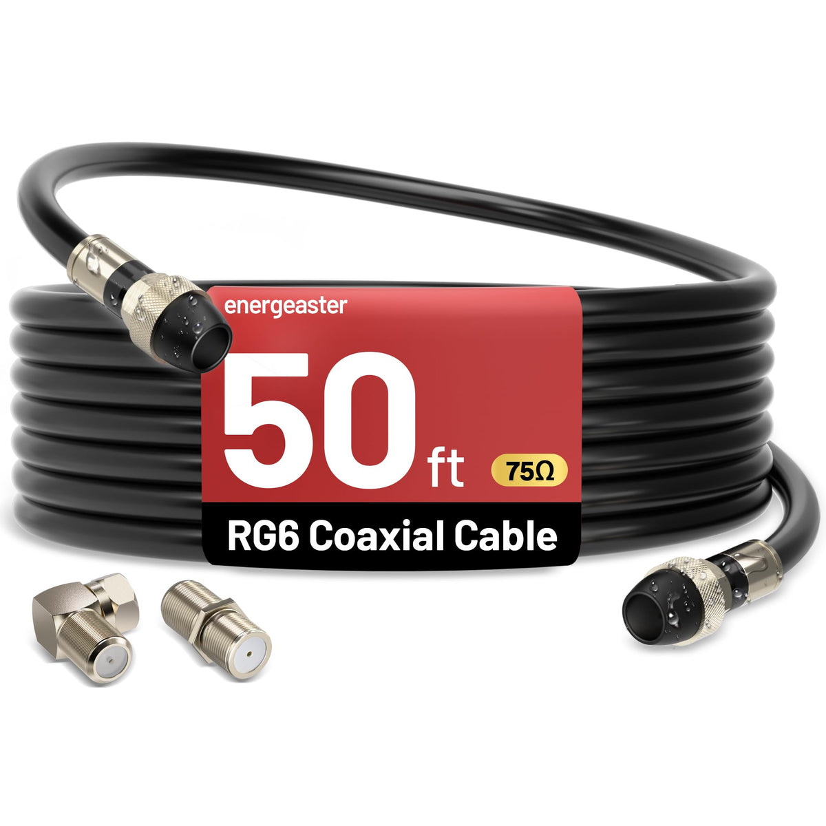energeaster 10FT RG6 Coaxial Cable with Waterproof Rubber Boot, Black