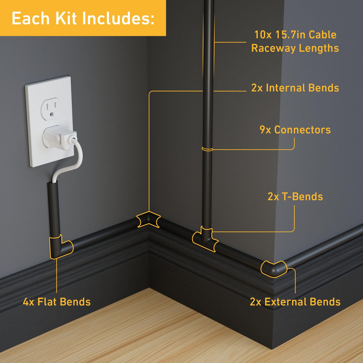 D-Line 157in Cord Cover Kit, Self-Adhesive Wire Hiders, Paintable Cable Raceway to Hide Wires on Wall, Electrical Cable Management - 10x 15.7 Lengths & 19 Accessories - 1.18" (W) x 0.59" (H) - Beige