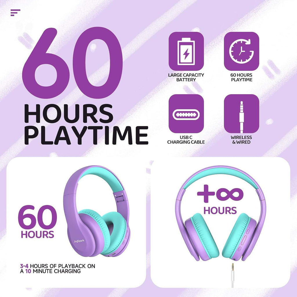 JoySpark Kids Bluetooth Headphones Over-Ear, 60Hrs, Built-in Mic-Purple