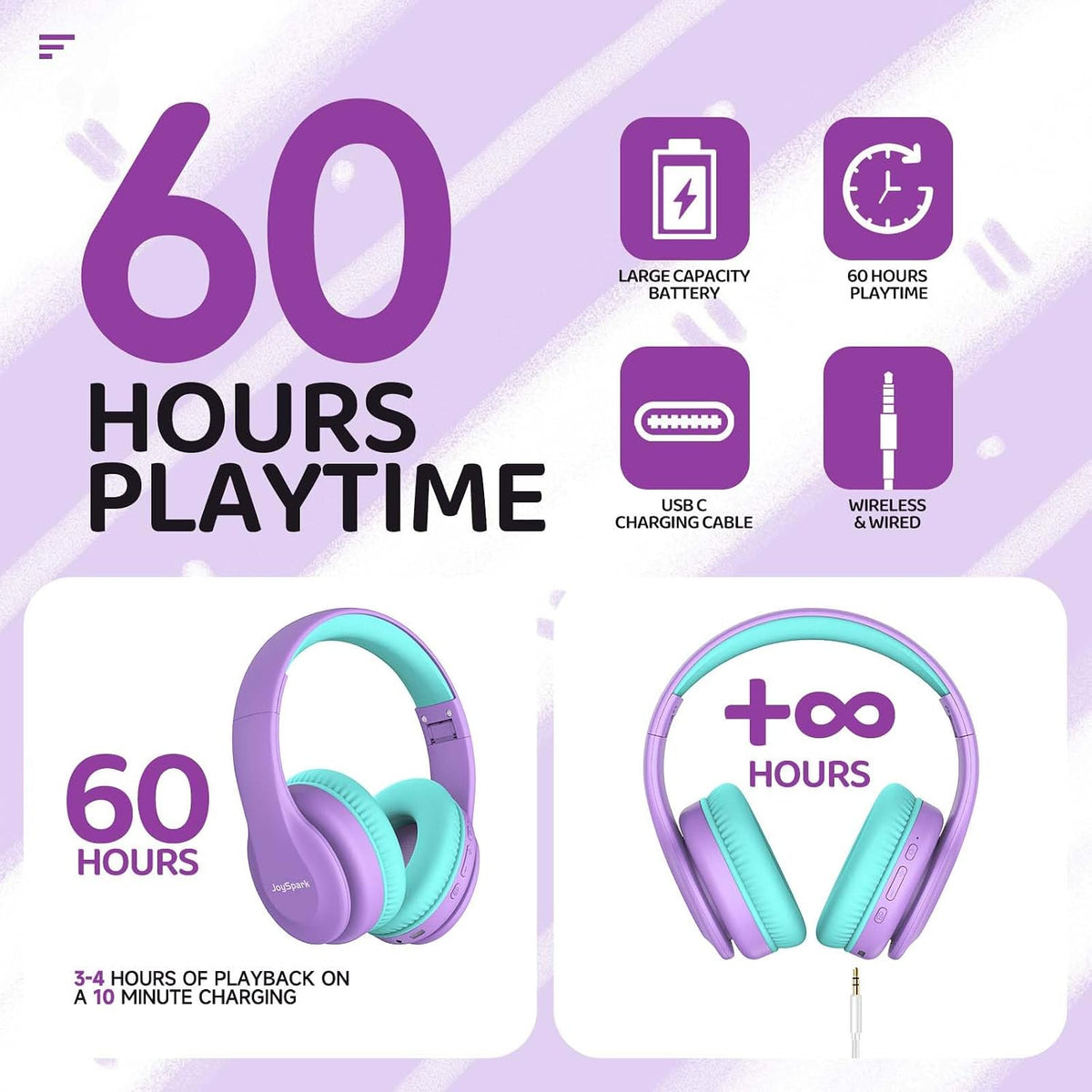 JoySpark Kids Bluetooth Headphones Over-Ear, 60Hrs, Built-in Mic-Purple
