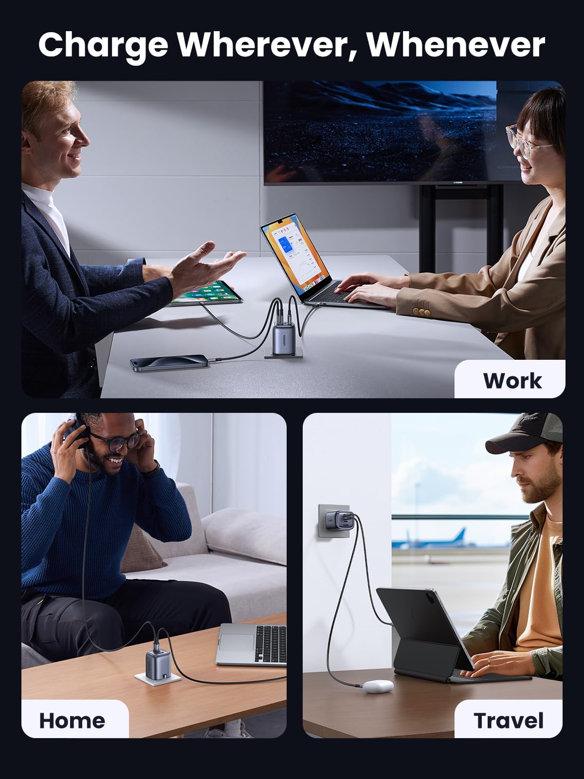 UGREEN Nexode 65W USB C Plug, 3-Port Foldable GaN Fast Travel Charger