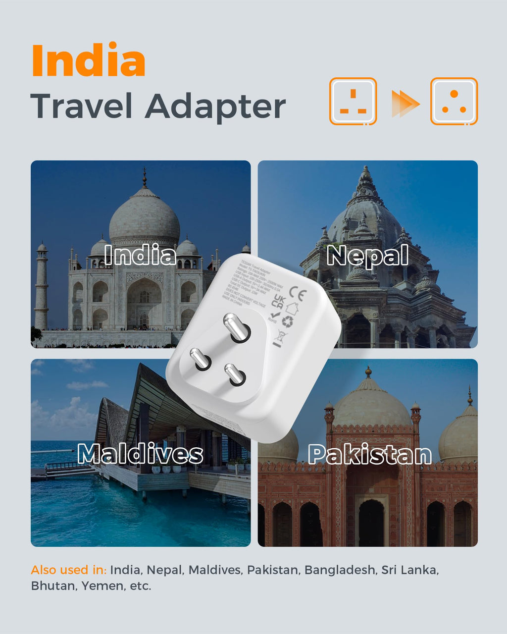 TESSAN UK to US Plug Adaptor 2 Pack, Type B USA Travel Adapter with USB C