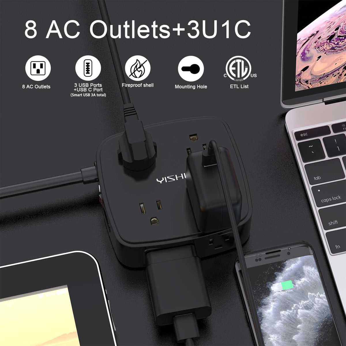6 Ft Surge Protector Power Strip - YISHU 8 Widely Outlets with 4 USB Ports, 3 Side Outlet Extender with 6 Feet Flat Extension Cord, Ultra Flat Plug, Wall Mount, Desk USB Charging Station, ETL, Black