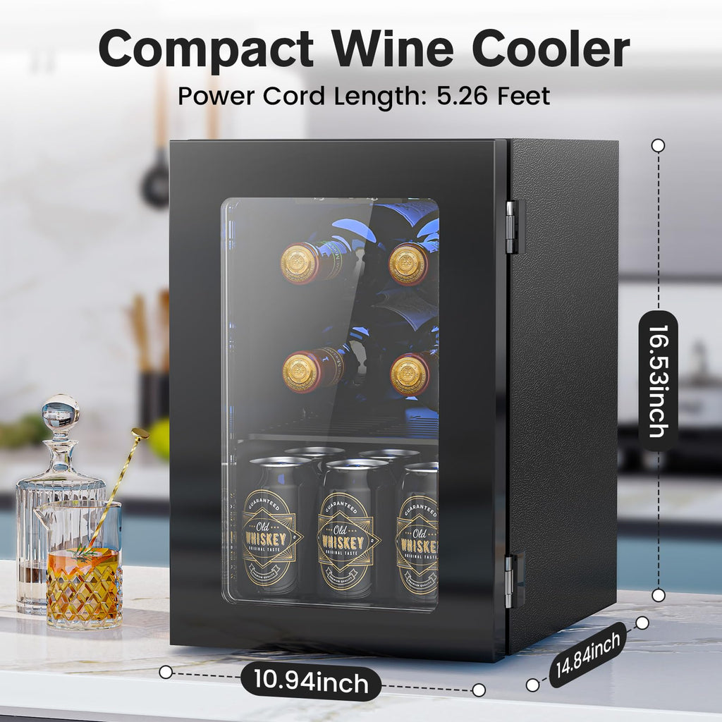 Electactic 48 Can Beverage Refrigerator,12 Bottle Wine Cooler with Seamless Stainless Steel & Glass Door, Digital Temperature Display, Countertop Mini Fridge for Soda, Wine or Beer, Silver