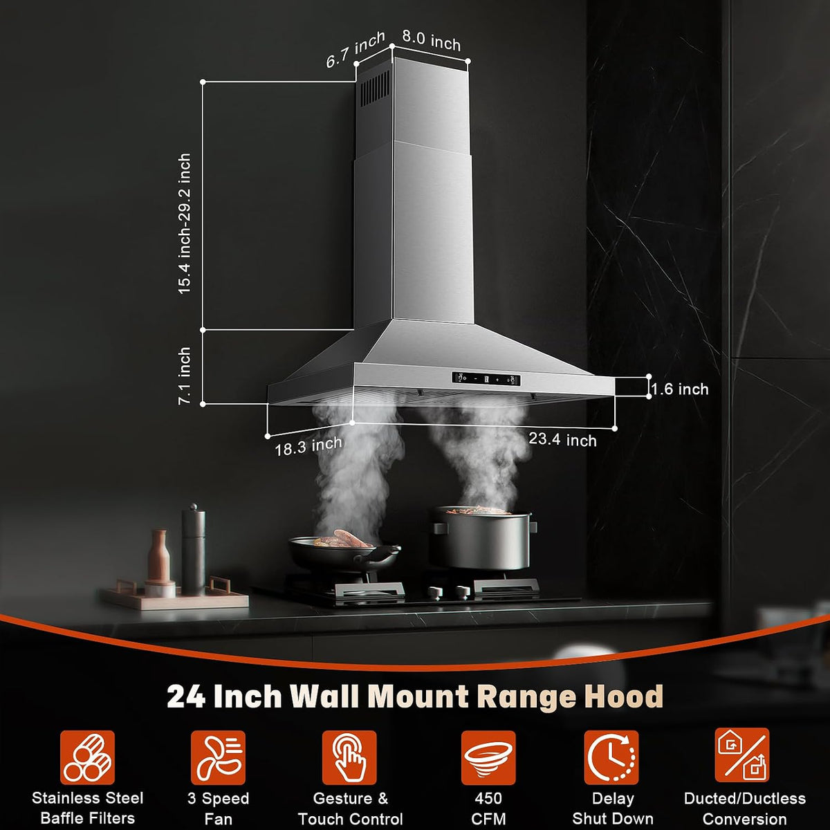 24 inch Range Hood, Ducted/Ductless Range Hood 450CFM, Wall Mount