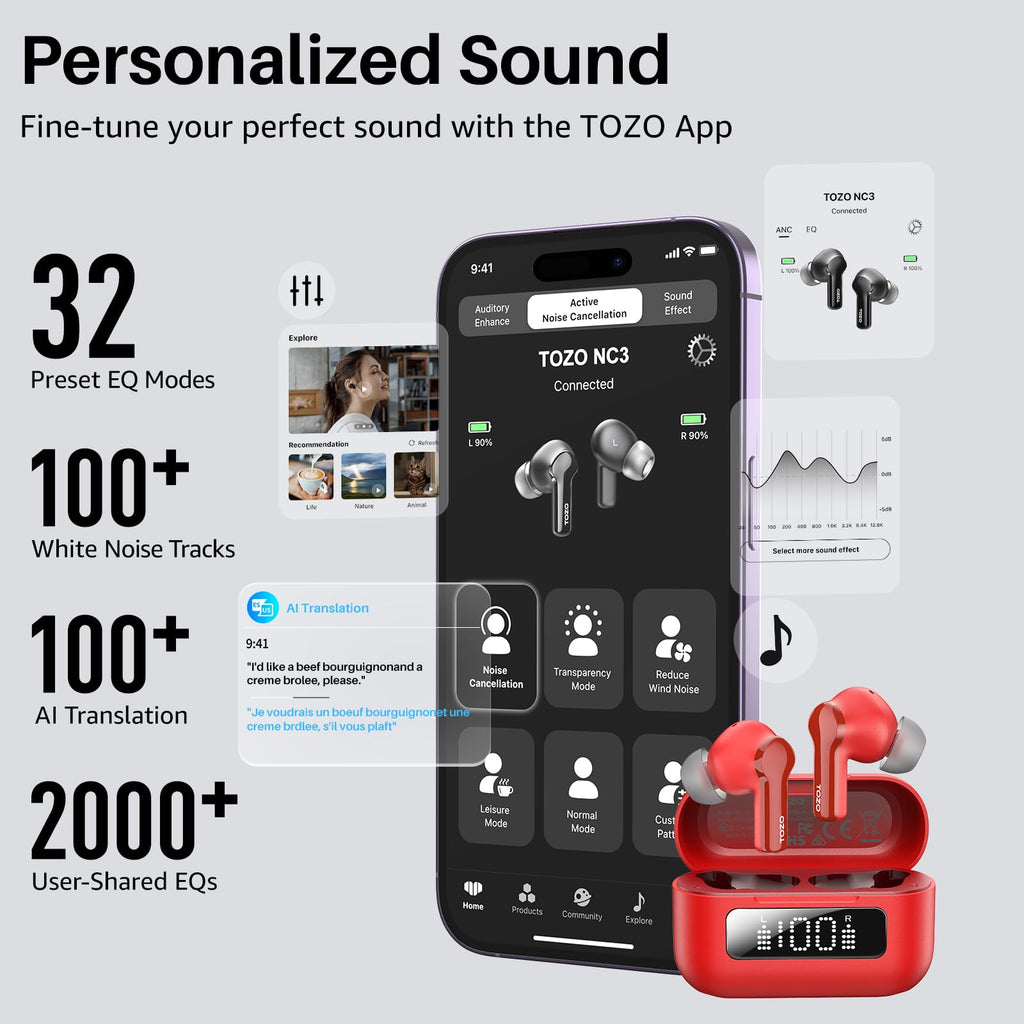 TOZO Hybrid Active Noise Cancelling in Ear Wireless Earbuds, 68H Playtime