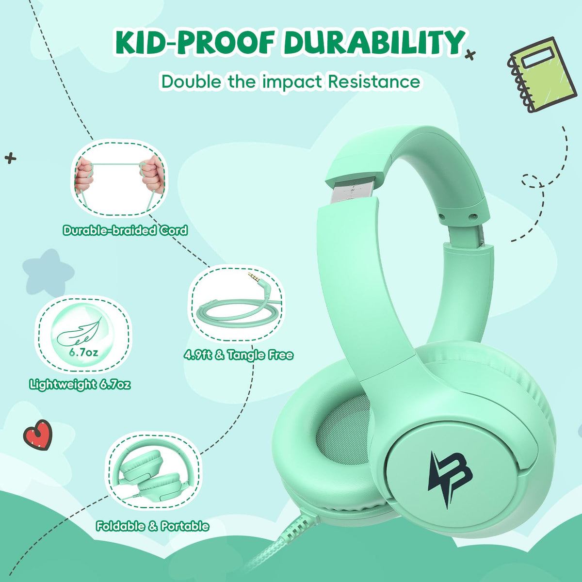 Botesty Sound Kids Headphones Wired for School, 3.5 Plug Safe Volume Purple