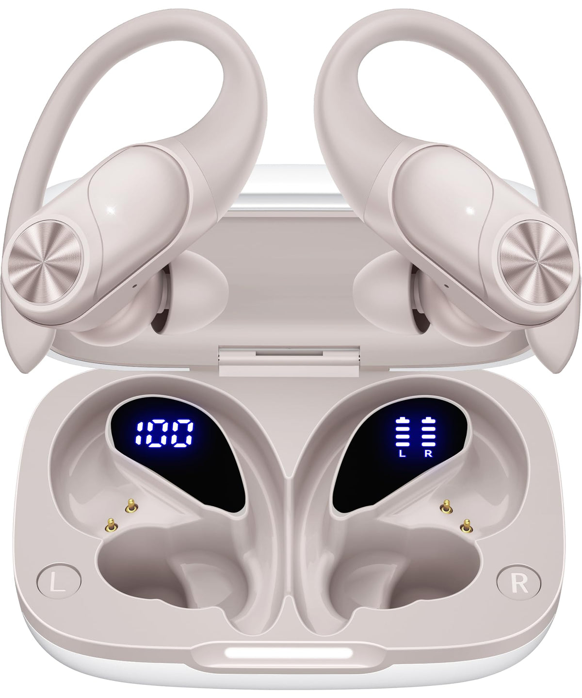 PocBuds Bluetooth Headphones Wireless Earbuds 80hrs Playtime Wireless Charging Case Digital Display Sports Ear Buds with Earhook Deep Bass IPX7 Waterproof Over-Ear Earphones for TV Phone Laptop Pink