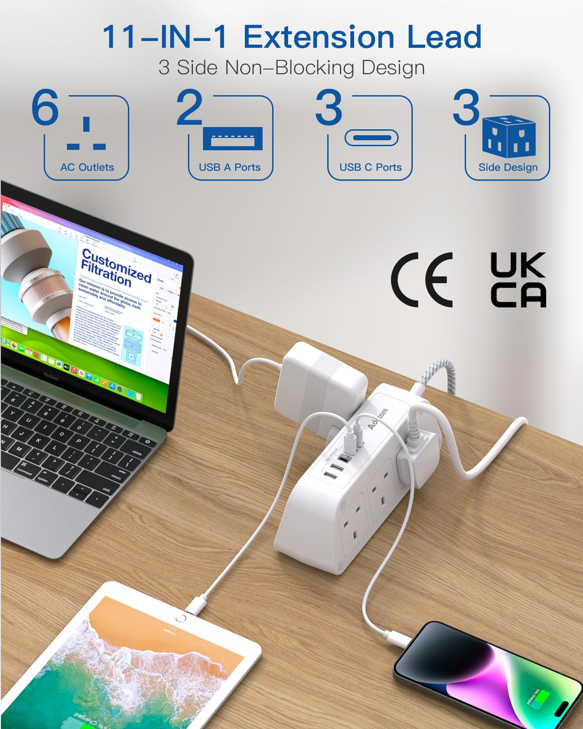 Extension Lead with USB Slots, 6 Way Outlets 5 USB (5A, 3 USB- C Port),1.6M