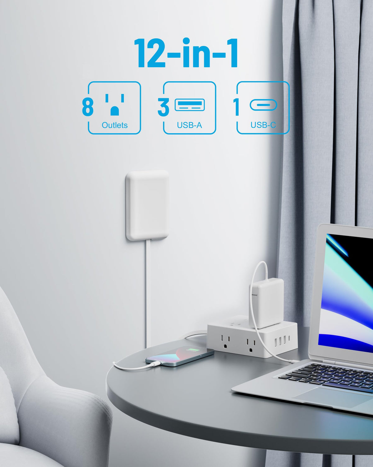 Olcorife Flat Extension Cord with Outlet Cover, Flat Plug Power Strip with 6 Outlets and 3 USB Ports, 8 FT Cord Hidden Outlet Extender for Tight Spaces
