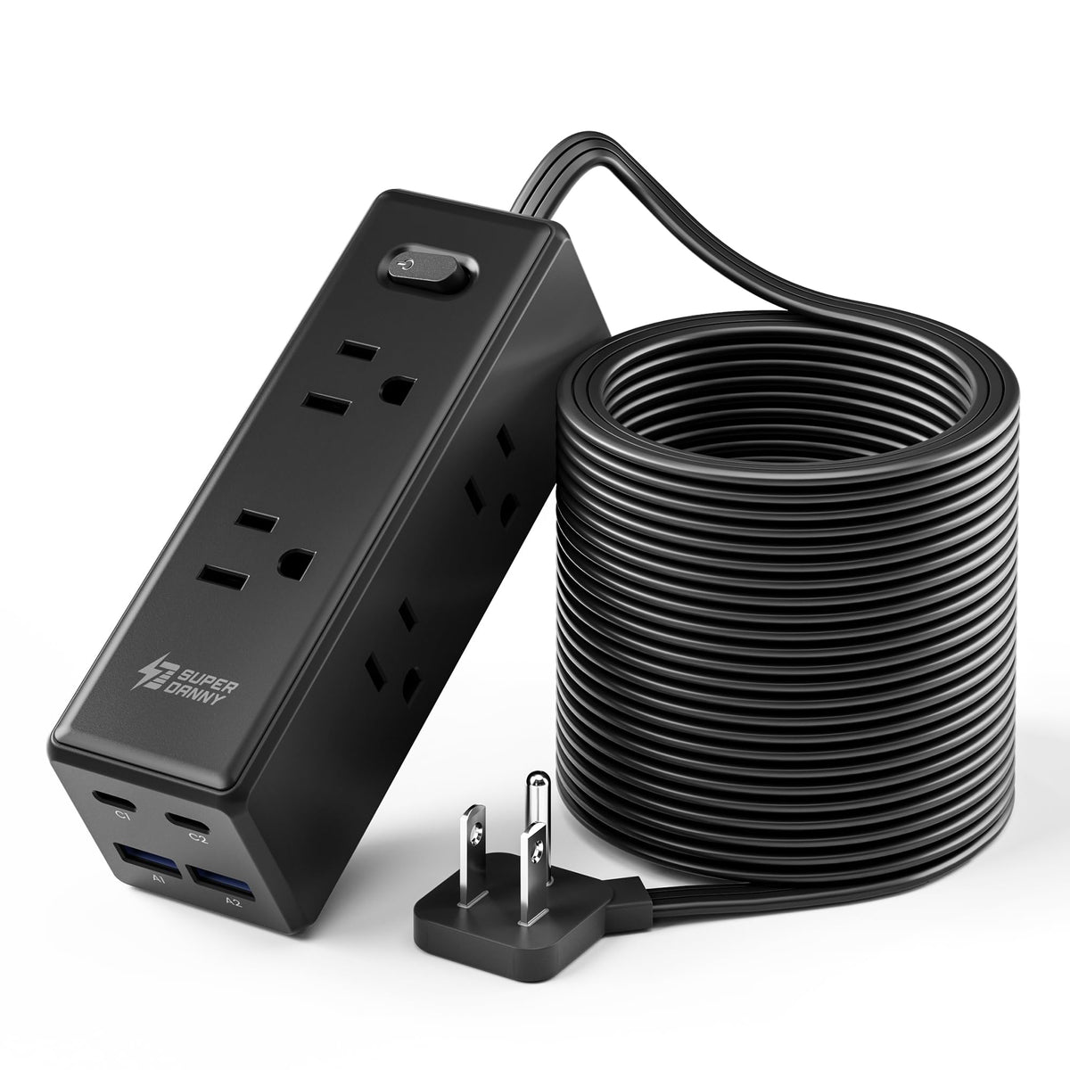 SUPERDANNY 15Ft Extension Cord with Multiple Outlets, Flat Plug Power Strip