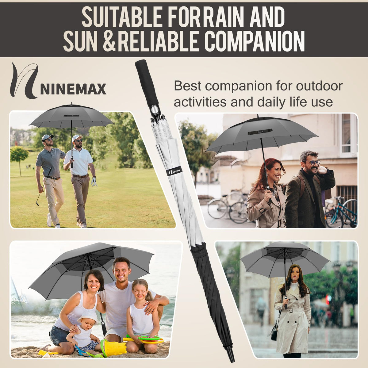 NINEMAX Large Golf Umbrella Windproof Strong 54/62/68 Inch,Extra Big Golf Umbrellas Automatic Open Double Canopy for Gents Women