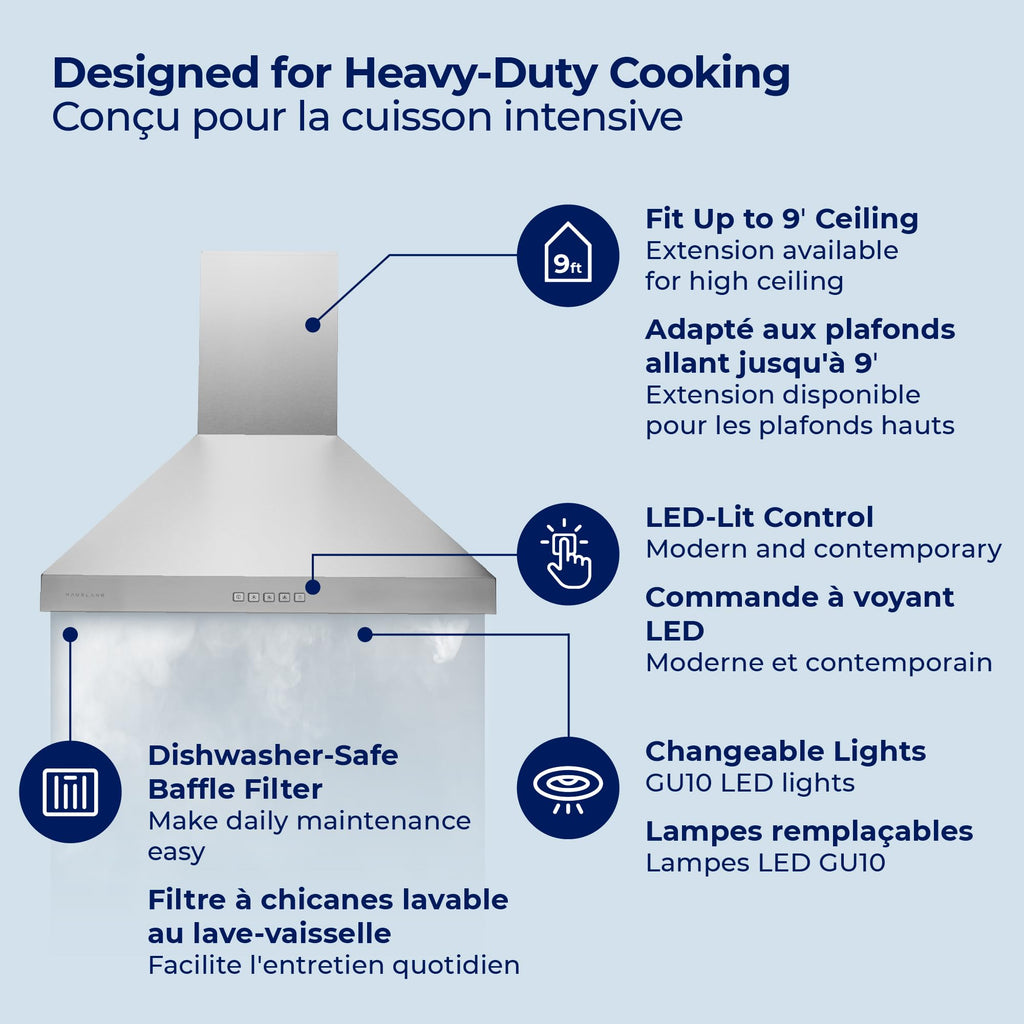 Hauslane Wall Mount Range Hood 30 Inch Convertible 350-750 CFM Low Noise