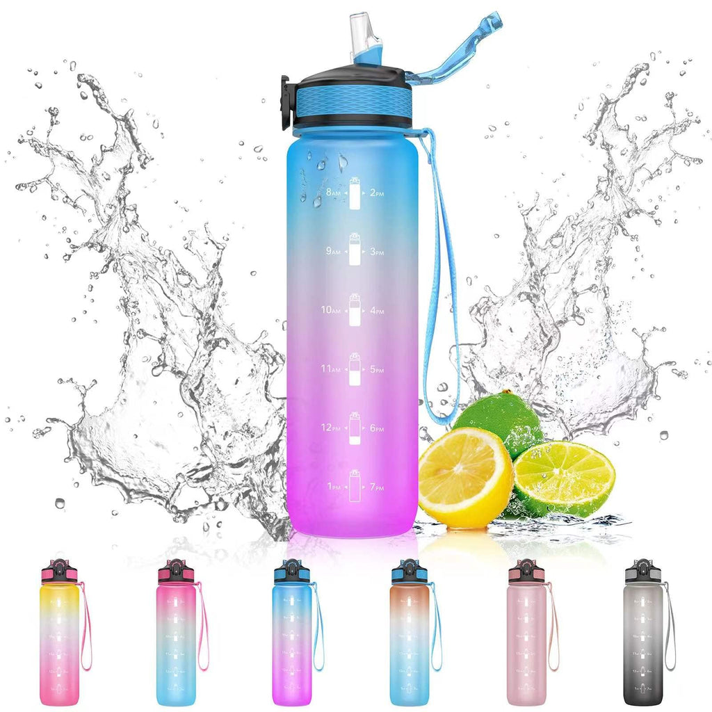 EYQ 1L Water Bottle, 1 Litre Water Bottle with Straw, 32oz Leak-Proof Motivational Sports Drinks Bottle with Time Marker, Tritan BPA-Free, Drinking Waterbottles for Gym Outdoor Sports