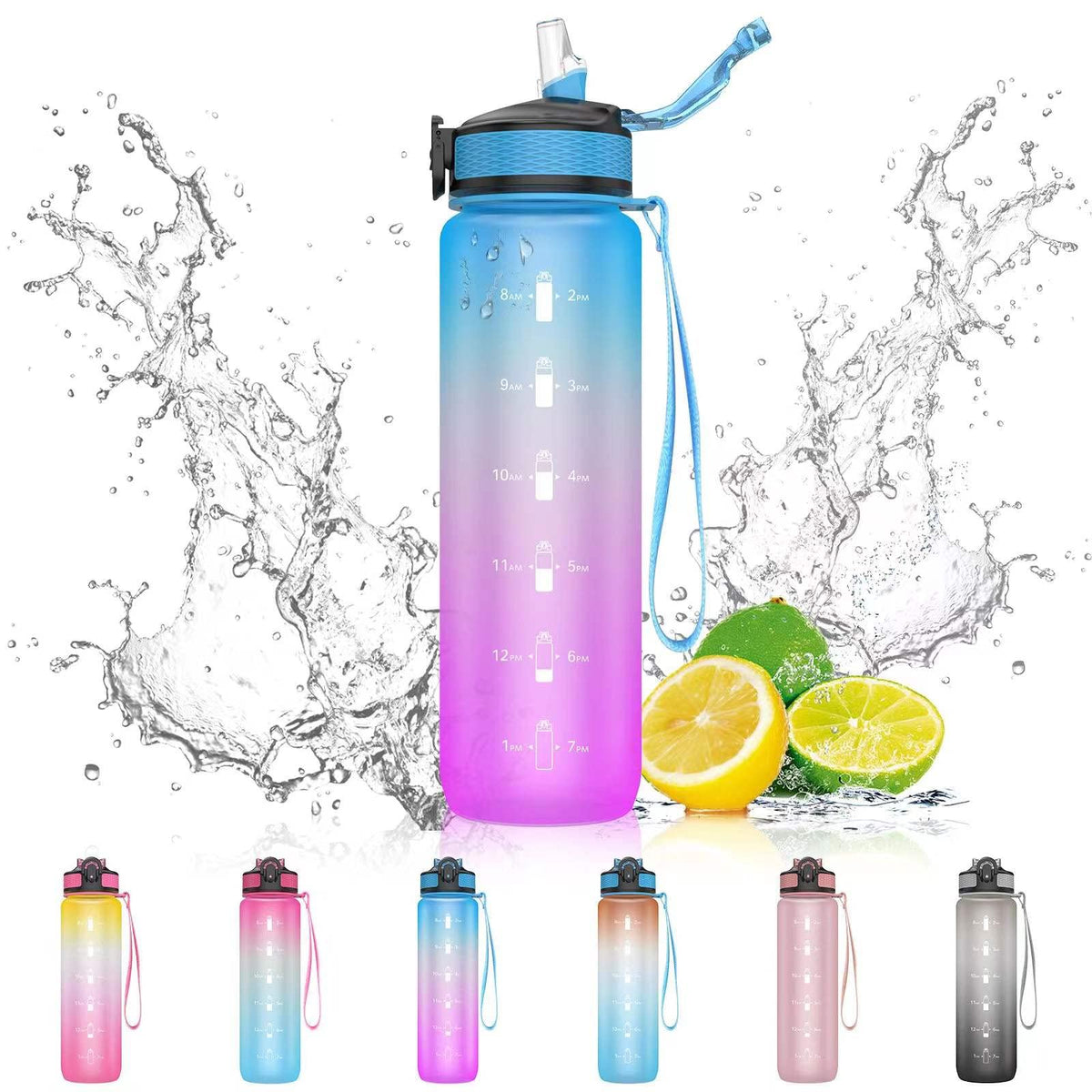 EYQ 1L Water Bottle, 1 Litre Water Bottle with Straw, 32oz Leak-Proof Motivational Sports Drinks Bottle with Time Marker, Tritan BPA-Free, Drinking Waterbottles for Gym Outdoor Sports