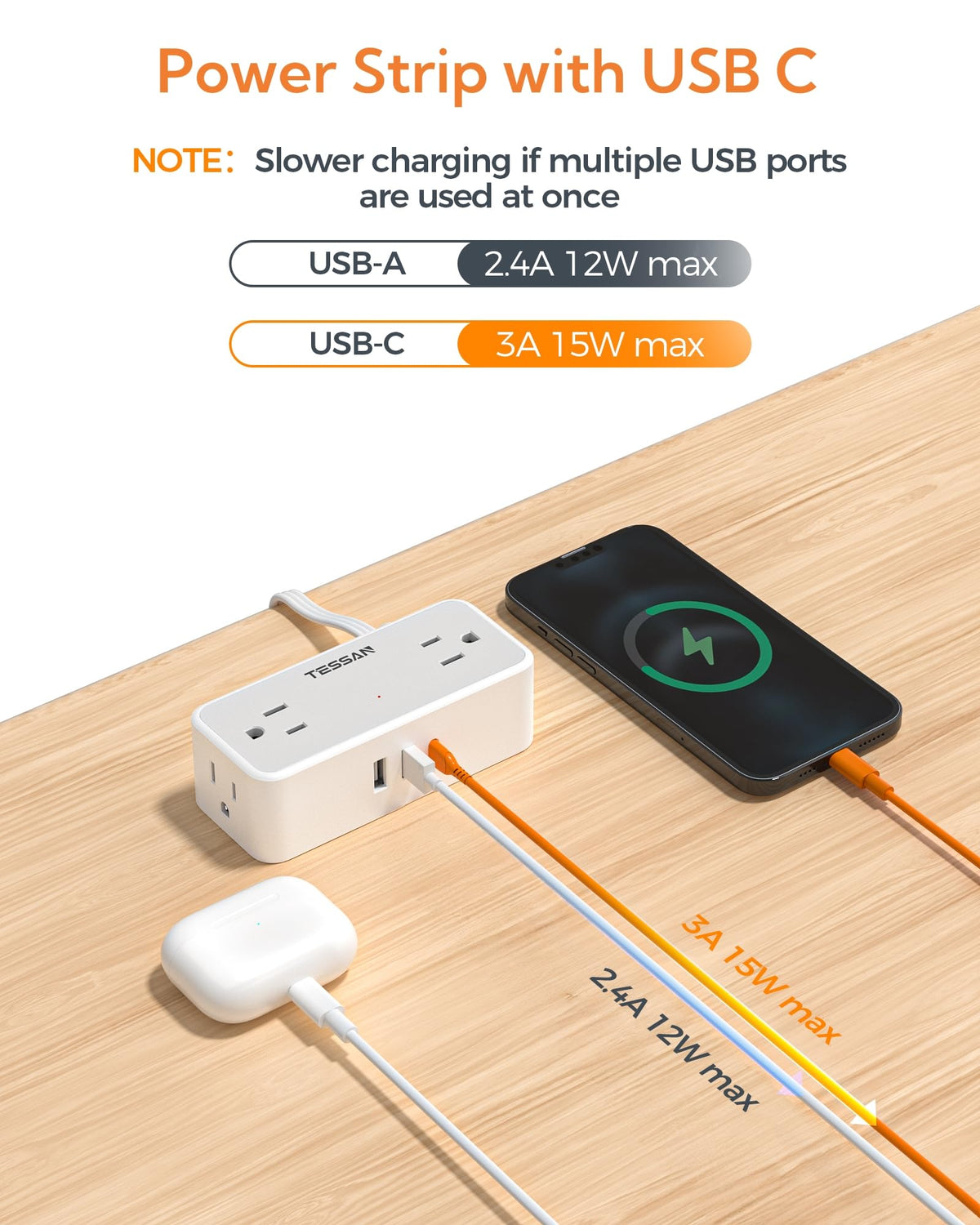 TESSAN Extension Cord 10 FT, Power Strip with 900J Surge Protection, Grey