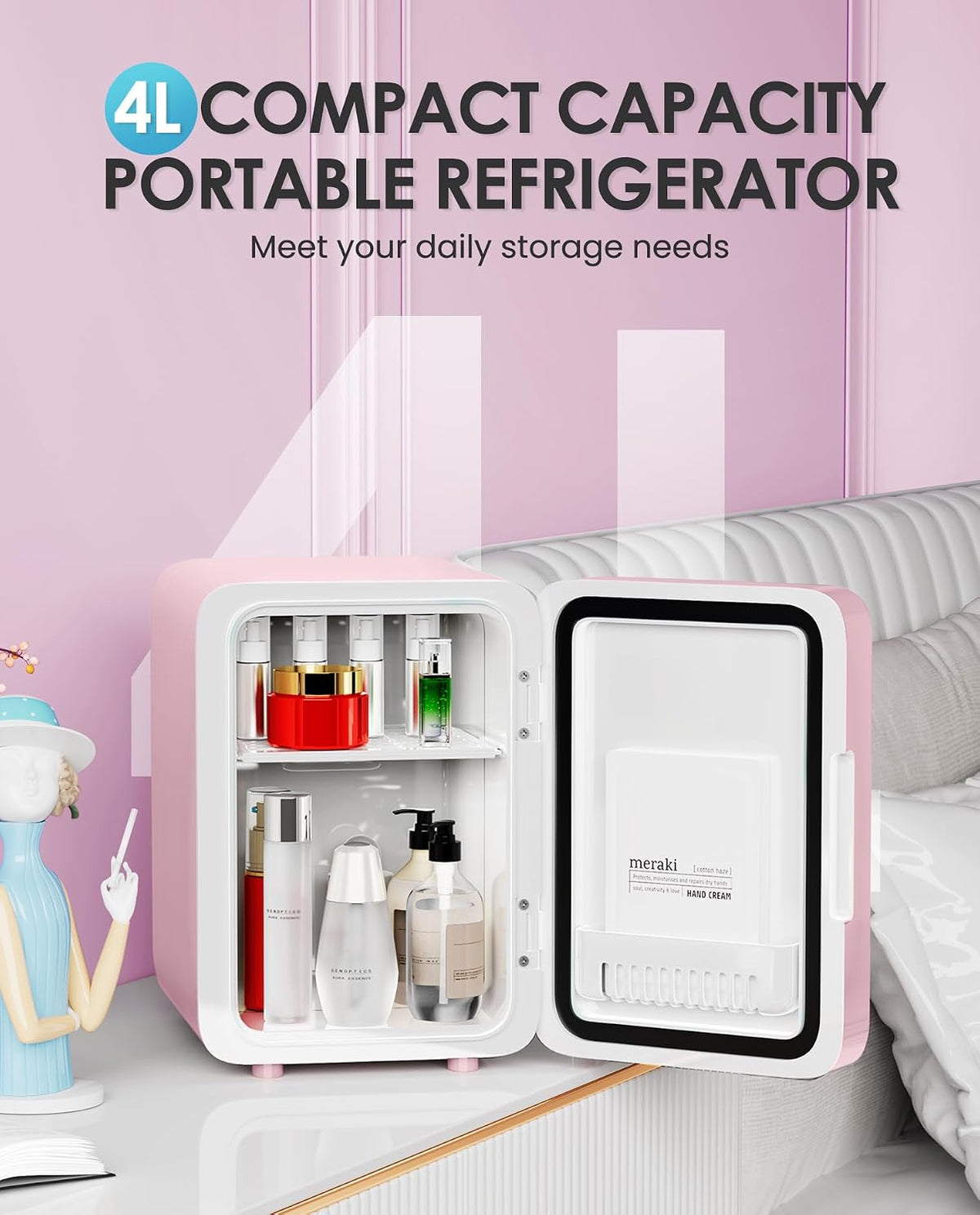 CUTIEWORLD Skincare Fridge - 4L Makeup Fridge for Refrigerating Makeup, Skincare and Food, Mini Fridge for Bedroom, Office and Car, Cooler and Warmer, Beverage Cooler, Leather Pink