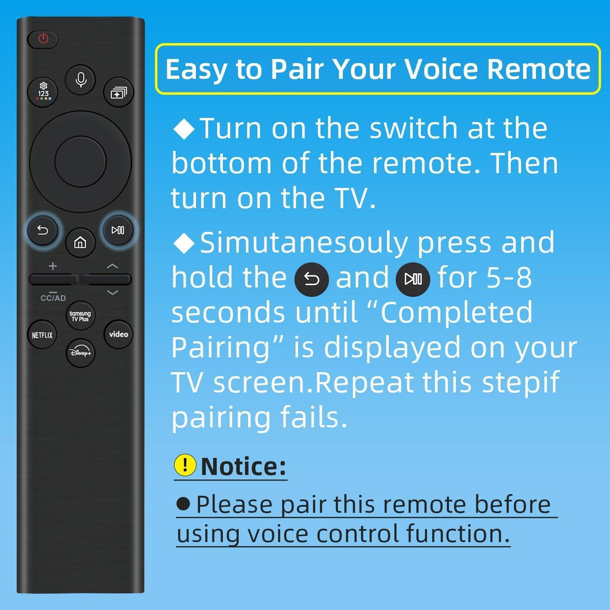 Rechargeable TV Remote for Samsung Smart TVs, Replacement for All 2019-2026 Samsung TV Remote Control with Voice Control. USB-C Fast Charging. Solar Charging. 2-Year Warranty.