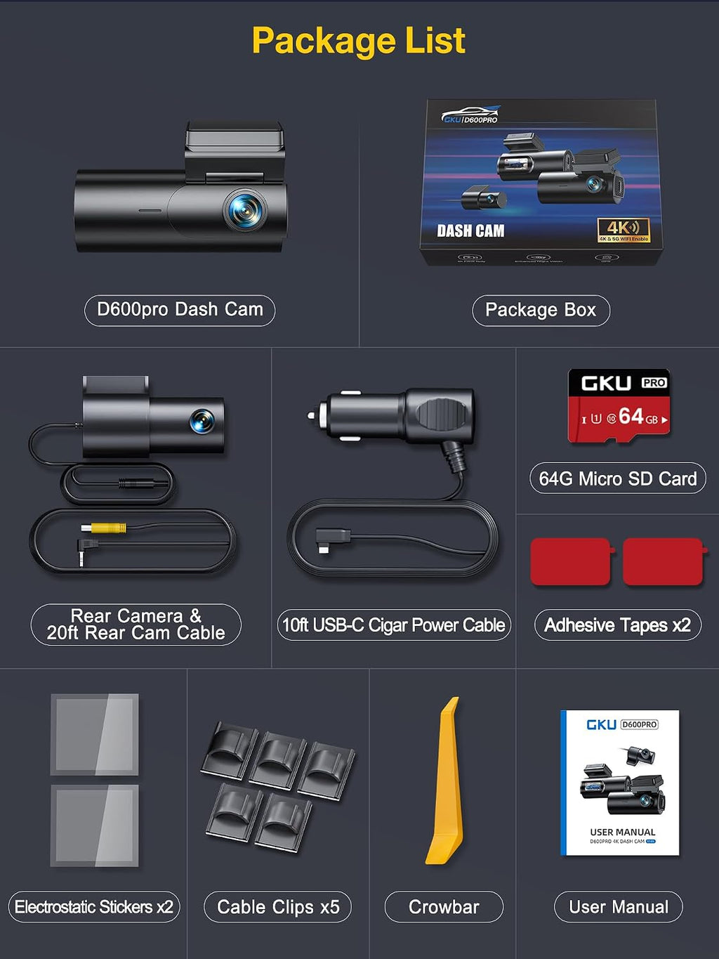 GKU 4K Dash Cam Front and Rear, 5GHz WiFi GPS, 64GB SD Card Included