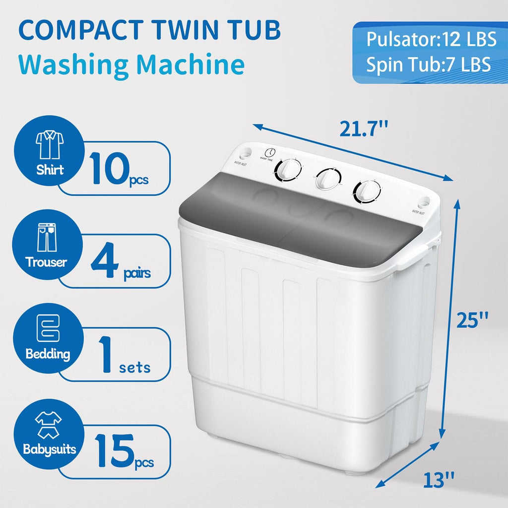 Erivess Portable Twin Tub 19lbs Washing Machine with Drying Rack and 10 Hangers, 12lbs Washer Mini Compact Laundry Machine with 7lbs Spinner, 1500rpm Semi-automatic Washer Combo for Dorm&Apartment