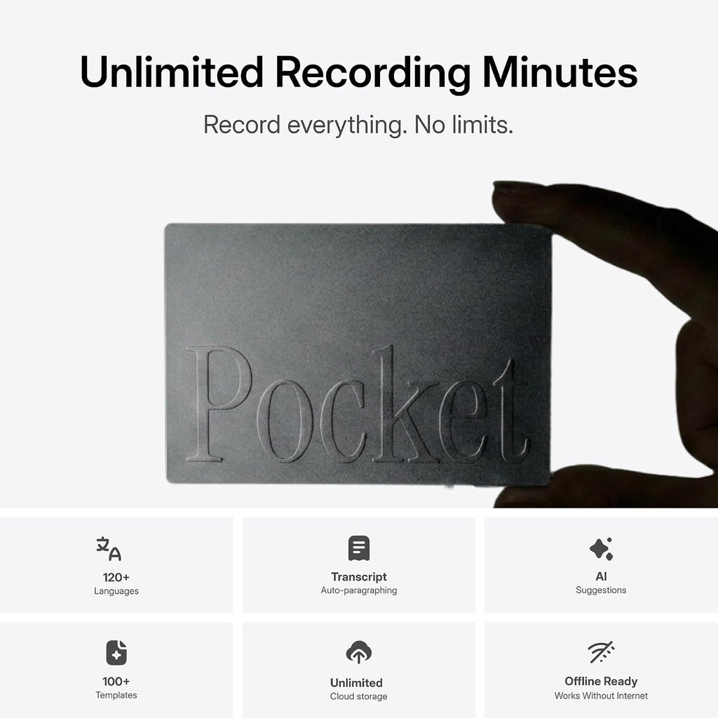 Pocket AI Voice Recorder, Auto Transcription, AI Note Taker, Space Grey