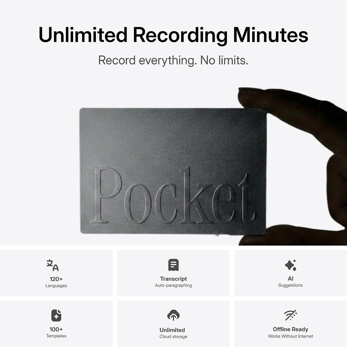 Pocket AI Voice Recorder, Auto Transcription, AI Note Taker, Space Grey