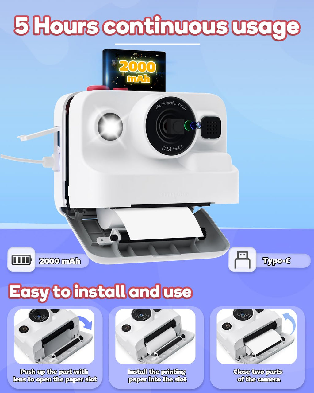Dylanto Kids Camera Instant Print,1080P Kids Instant Cameras that Print Photos,Christmas Birthday Gifts for Girls Age 3-12,Portable Toy for 3 4 5 6 7 8 9 10 Year Old Girls Boys-Blue