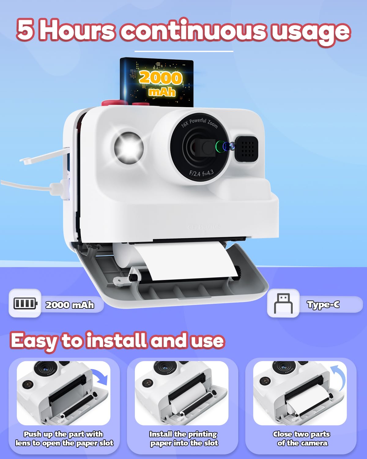 Dylanto Kids Camera Instant Print,1080P Kids Instant Cameras that Print Photos,Christmas Birthday Gifts for Girls Age 3-12,Portable Toy for 3 4 5 6 7 8 9 10 Year Old Girls Boys-Blue