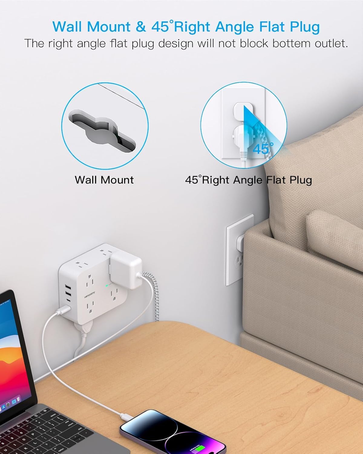 Extension Cord 10 Ft, Ultra Thin Flat Plug Power Strip Surge Protector