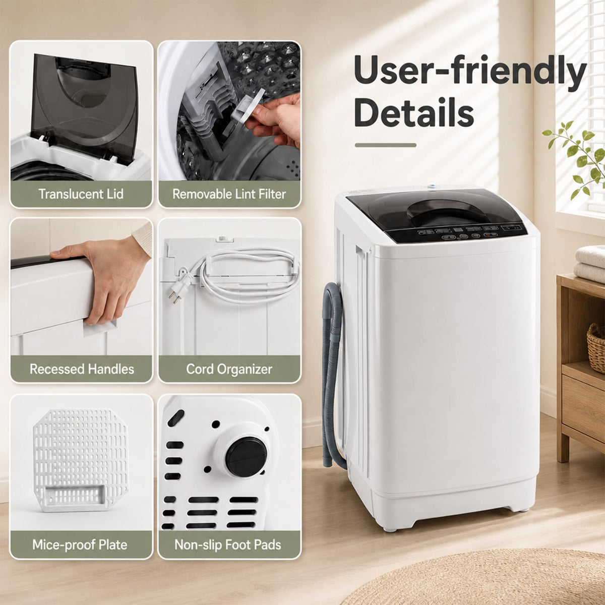 COSTWAY 8.8LBS Portable Washing Machine, Full-Automatic w/Drain Pump, White
